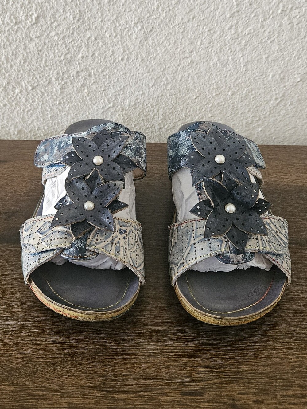 Spring Step L'Artiste Karina Leather Wedge Slide Sandals Flower Adjustable Sz 37